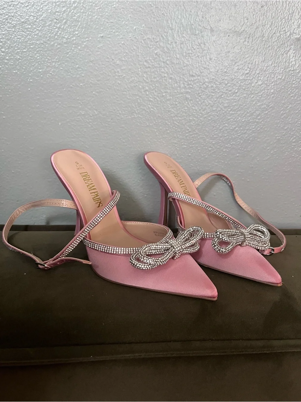 Dream Pairs Pink Satin Pointed Slingback Heels with Crystal Bow Accent